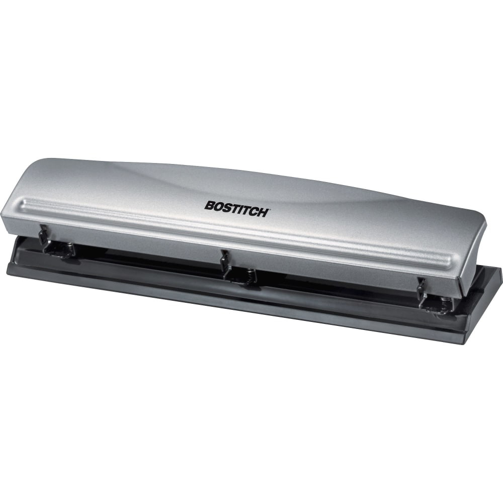 BLACK & DECKER/INDUS. CONST. HP12 Bostitch 12-Sheet 3-Hole Punch, 2-1/2inH x 10-5/8inW x 1-3/4inD, Silver/Black