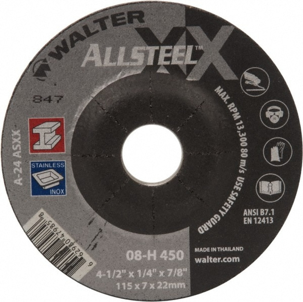 WALTER Surface Technologies 08H450 Depressed Grinding Wheel:  Type 27,  4-1/2" Dia,  1/4" Thick,  7/8" Hole,  Aluminum Oxide