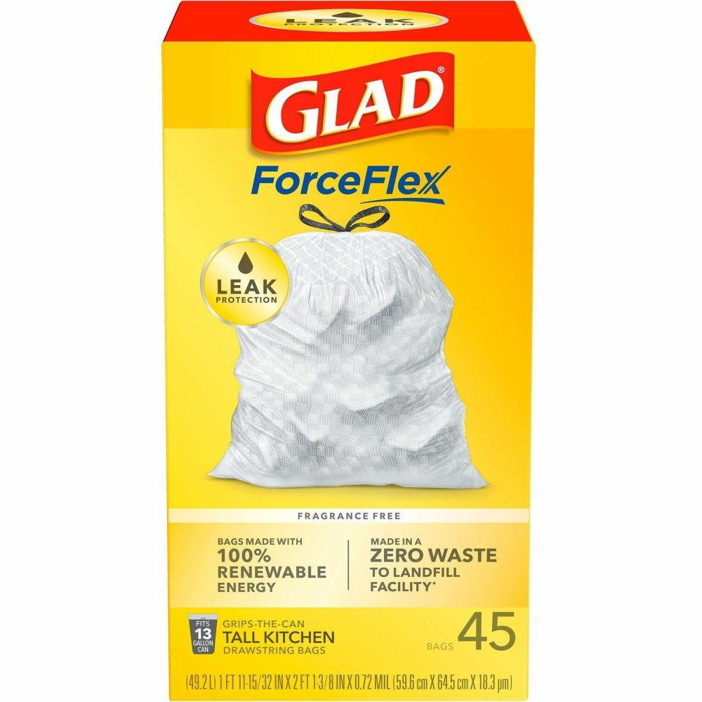 THE CLOROX COMPANY Glad 78362  ForceFlex Tall Kitchen Drawstring Trash Bags - 13 gal Capacity - 24in Width x 27in Length - 1 mil (25 Micron) Thickness - Drawstring Closure - White - Plastic - 45/Box - Kitchen, School, Office, Restaurant, Breakroom, W