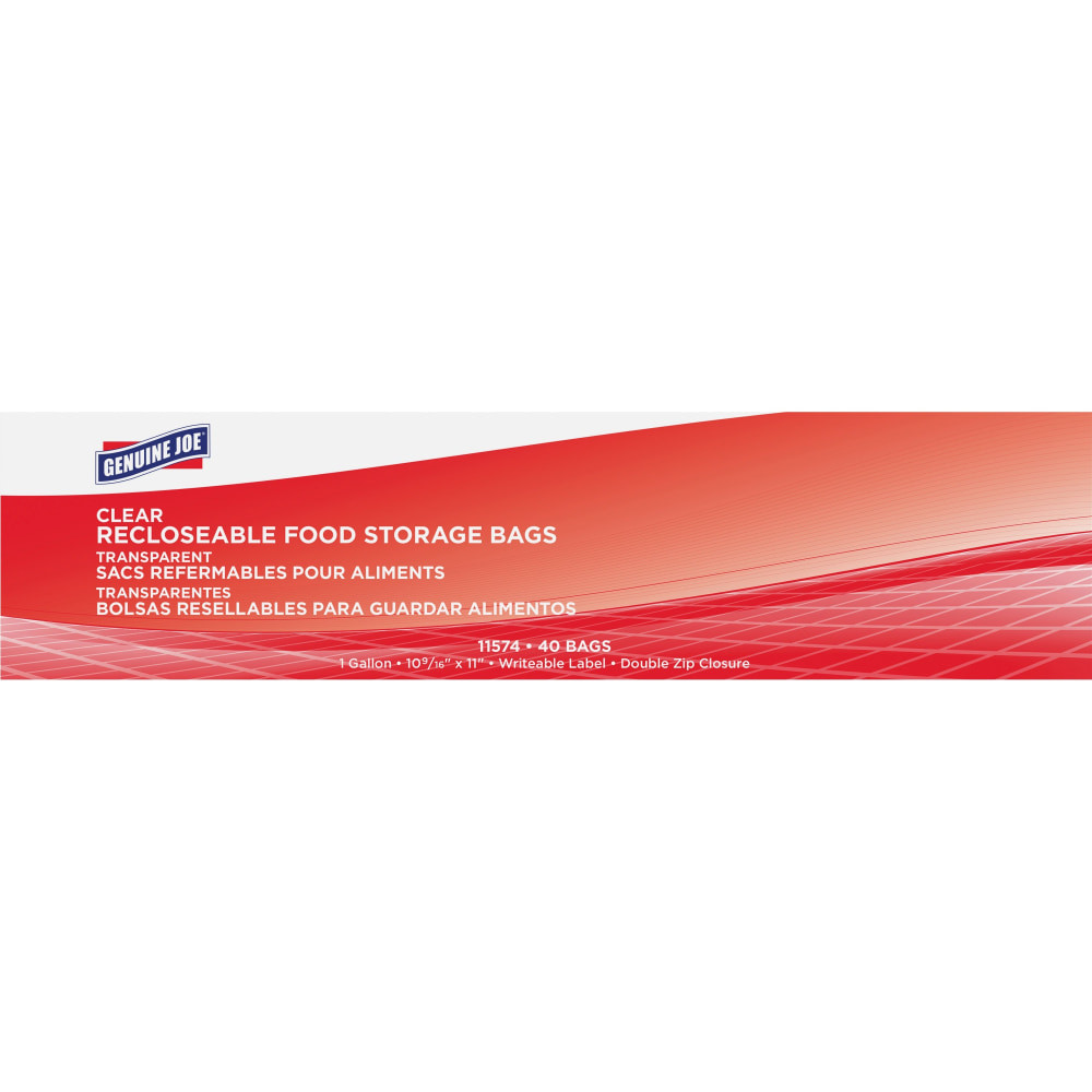 SP RICHARDS Genuine Joe 11574  Food Storage Bags - 1 gal Capacity - 10.56in Width x 11in Length - 1.75 mil (44 Micron) Thickness - Zipper Closure - Clear - 40/Box - Food, Beef, Poultry, Vegetables, Seafood