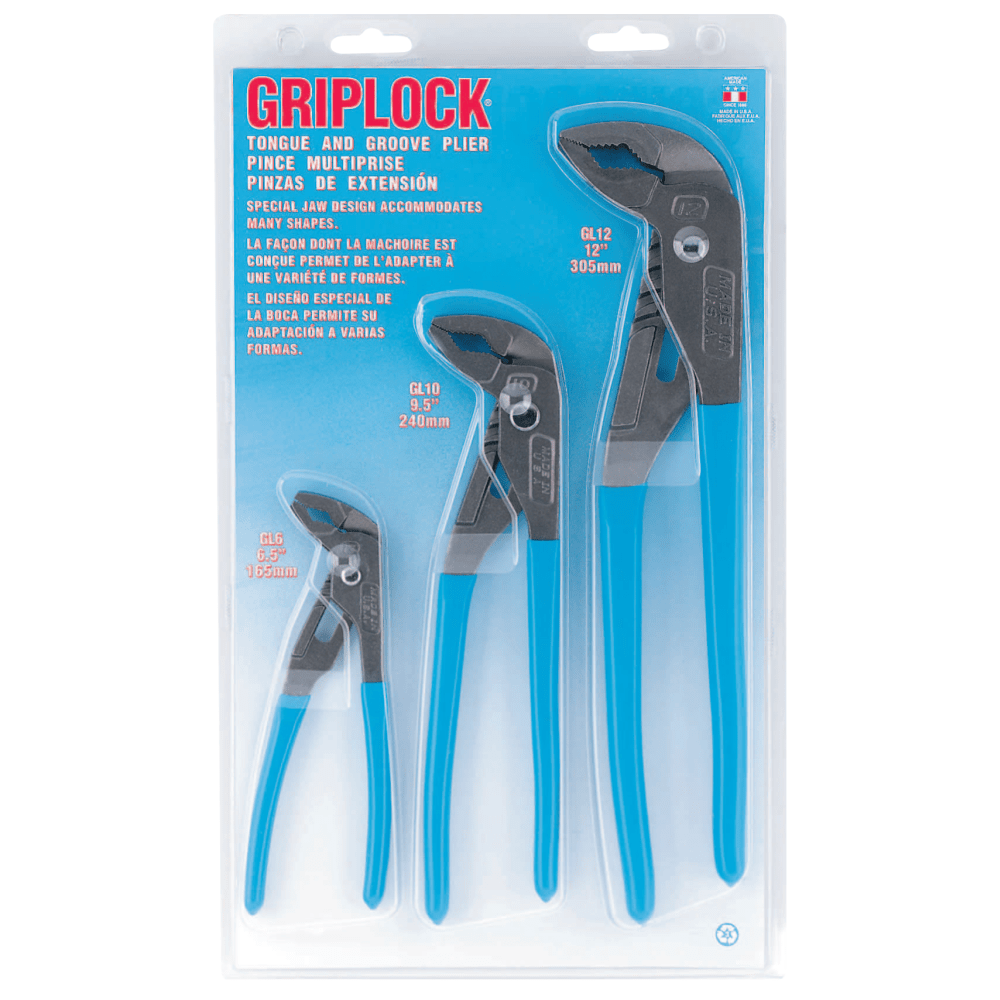 CHANNELLOCK INC. Channellock 140-GLS-3 Griplock Tongue and Groove Plier Set, 6 in, 10 in and 12 in Lengths, Hex Jaw