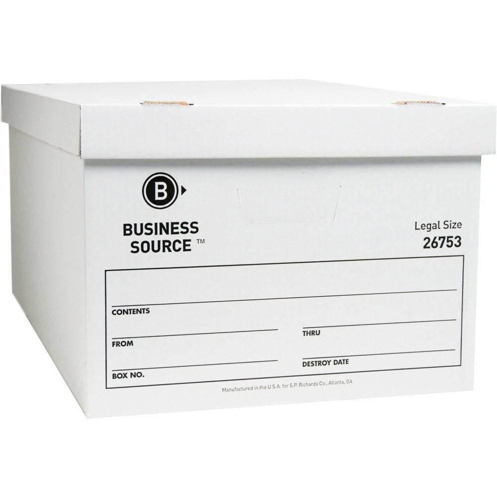 SP RICHARDS 26753 Business Source Light-Duty Storage Boxes With Lift-Off Lids, Legal Size, 15in x 24in x 10in, White, Box Of 12