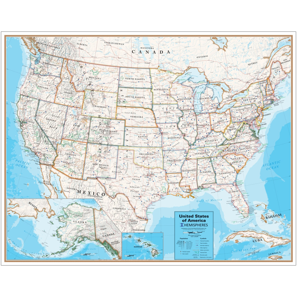 ROUND WORLD PRODUCTS, INC. RWPHM09 Hemispheres Contemporary Laminated Wall Map, United States, 38in x 48in