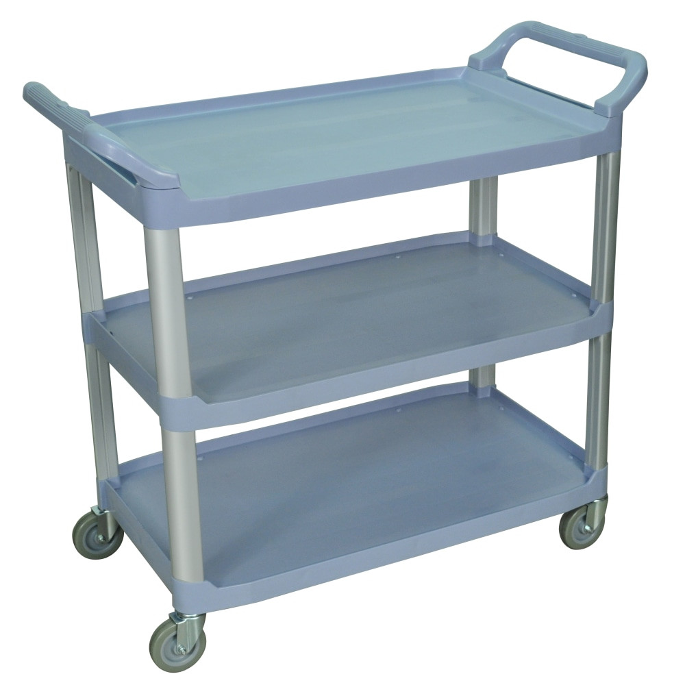 3-shelf serving cart with spacious storage capacity and easy maneuverability  Surface resists scratches, chips and dents to keep this cart looking new.  Shelf spacing is 12in apart for easy loading and unloading. Shelving with 1in lip on both sides to help control contents.  Durable aluminum legs provide stacking strength that you can be confident in.  Dual handles and 2-wheel locking feature allows for control and safety.  Contains Recycled Content - See Specs for Details.
