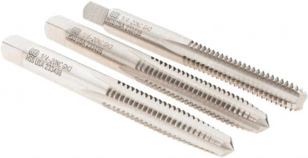 Union Butterfield 6006718 Tap Set: 1/4-20 UNC, 4 Flute, Bottoming Plug & Taper, High Speed Steel, Bright Finish