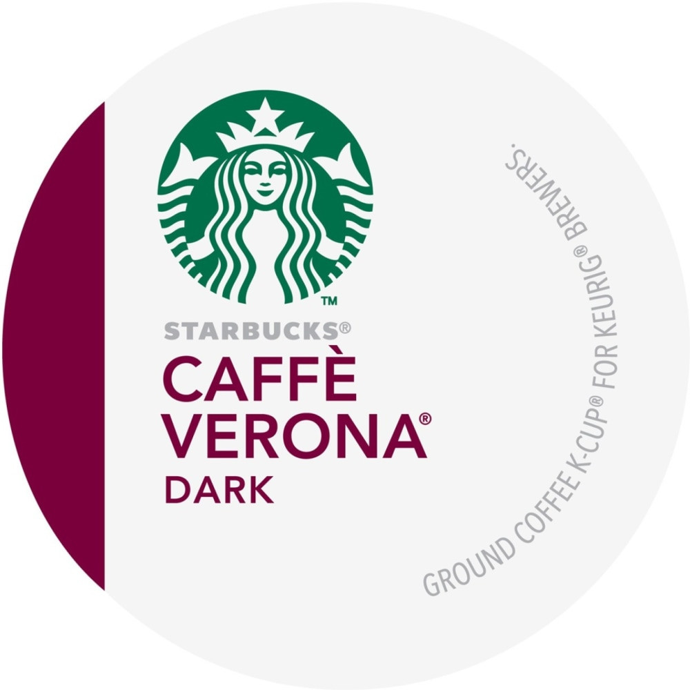 Get the delicious flavor of Starbucks coffee at home. These Caffe Verona K-Cup Pods offer a blend of Latin American and Asia/Pacific coffees with Italian roast added for depth.  Rich and well-balanced with a dark cocoa texture and roasted sweetness.  Each K-Cup Pod has a built-in coffee filter - no measuring and no mess.  K-Cup Pods are designed for use in single-cup brewing systems.  Coffee K-Cup Pods come in a box of 24.  Starbucks is not affiliated with Keurig or K-Cup. K-Cup is a registered trademark of Keurig Incorporated.