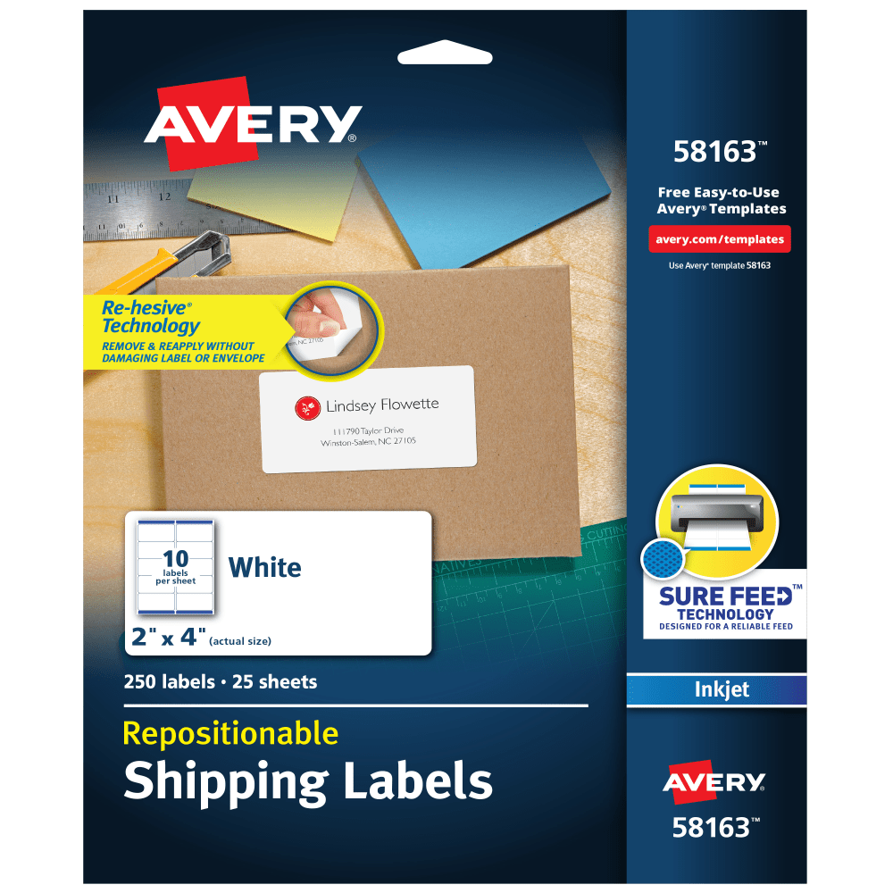 AVERY PRODUCTS CORPORATION 58163 Avery Repositionable Shipping Labels With Sure Feed Technology, 58163, Rectangle, 2in x 4in, White, Pack Of 250