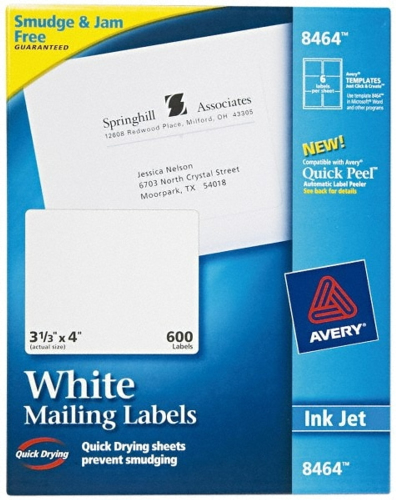 AVERY 08464 Label Maker Label: White, Paper, 4" OAL, 600 per Roll