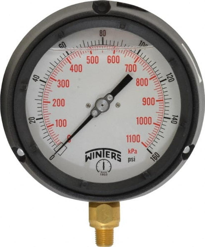 Winters PPC5085-G. Pressure Gauge: 4-1/2" Dial, 0 to 160 psi, 1/4" Thread, NPT, Lower Mount