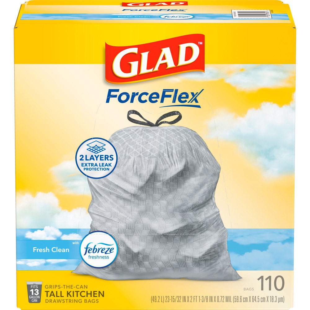 THE PROCTER & GAMBLE COMPANY CLO78563 Glad ForceFlex Tall Kitchen Drawstring Trash Bags, 13 Gallon, Gain Fresh Clean, 110 Count (78554)