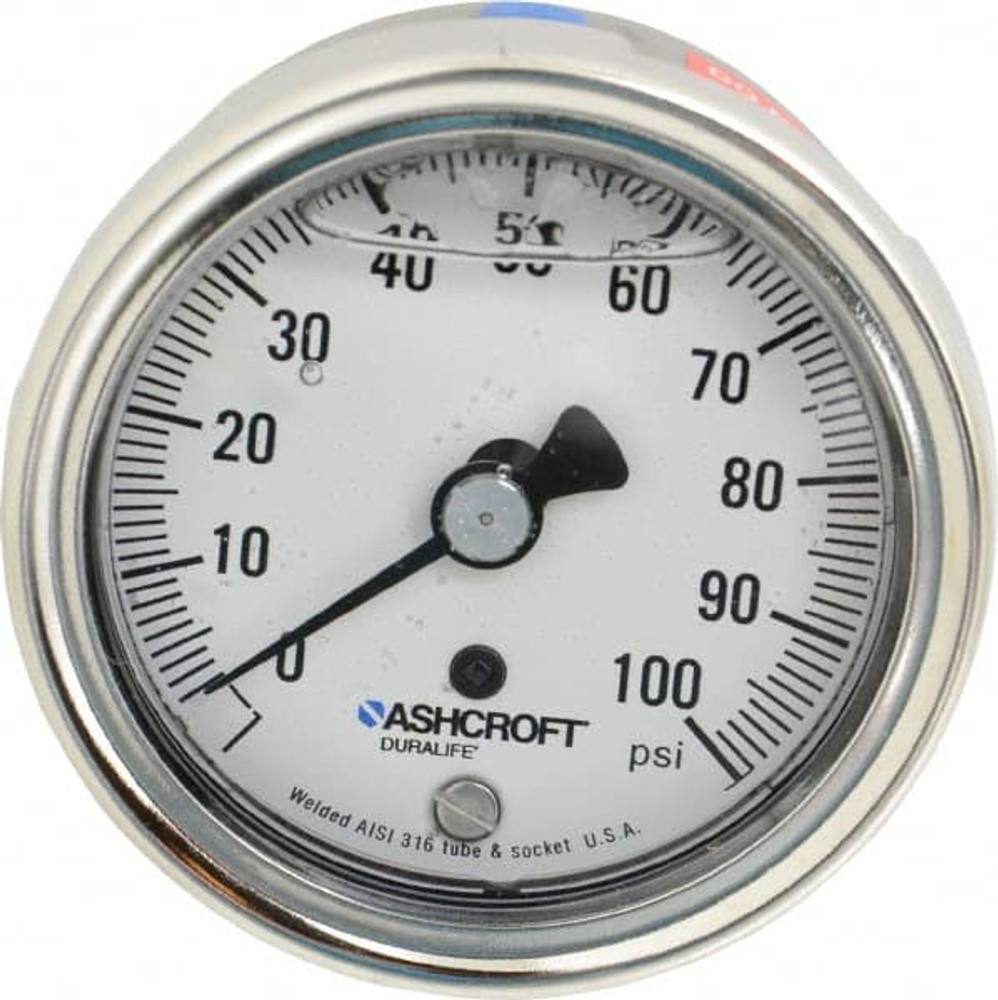Ashcroft 94905 Pressure Gauge: 2-1/2" Dial, 0 to 100 psi, 1/4" Thread, NPT, Center Back Mount