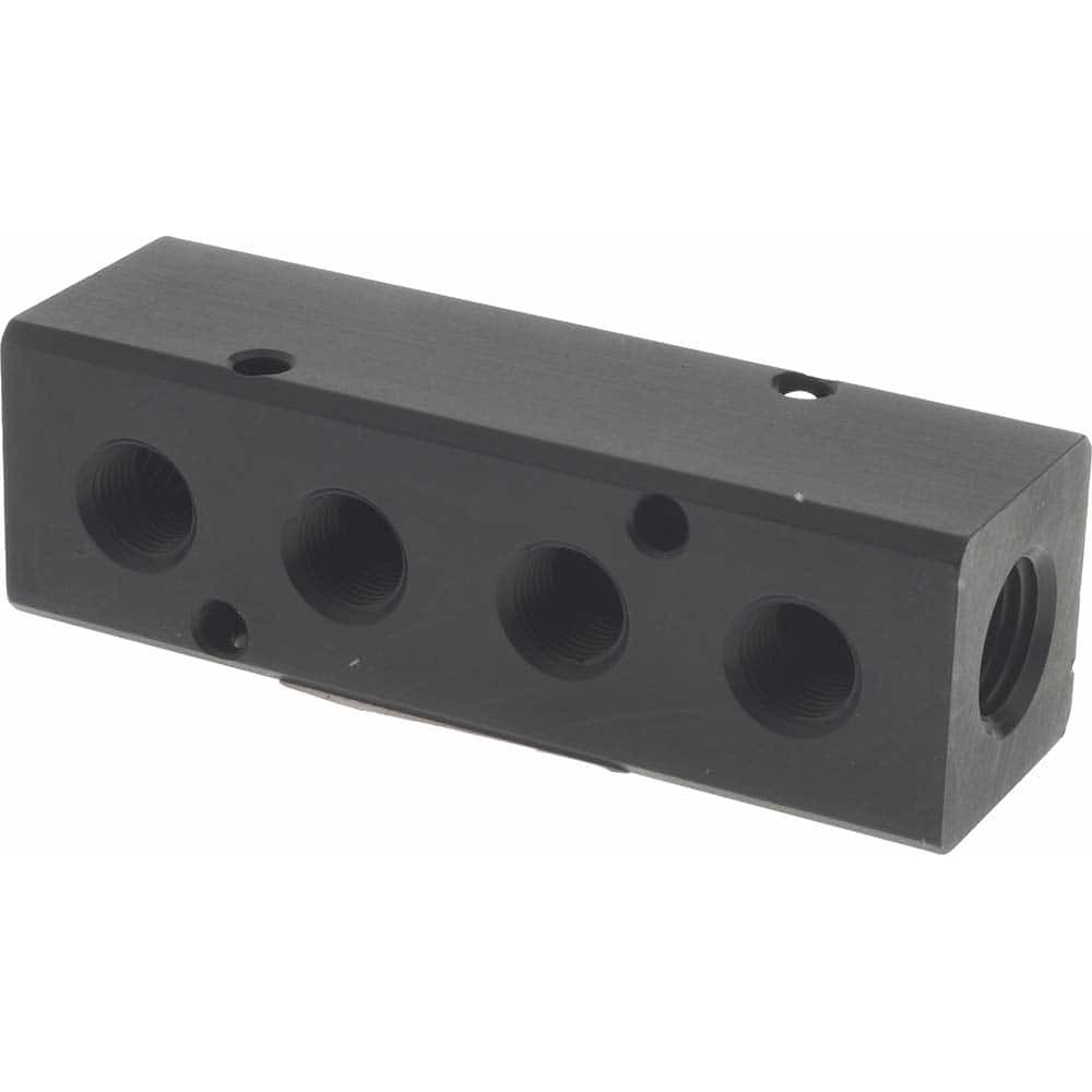 MSC PCM20-125-06BW Manifold: 3/8" Inlet, 1/8" Outlet, 2 Inlet Ports, 6 Outlet Ports, 9.25" OAL, 1.25" OAW, 1-1/4" OAH