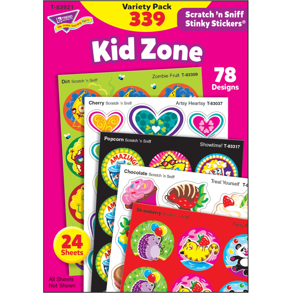 TREND ENTERPRISES INC Trend 83921  Kid Zone Scratch N Sniff Stinky Stickers - (Furry Fun, Zombie Fruit, Bumper Blast, Artsy Heartsy, Hearty Fun, Party-palooza, Treat Yourself, Showtime!)