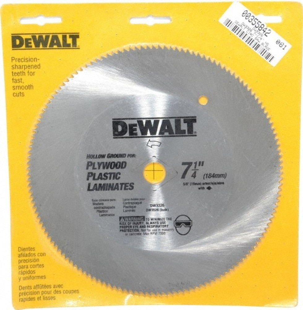 DeWALT DW3326 Wet & Dry Cut Saw Blade: 7-1/4" Dia, 5/8" Arbor Hole, 140 Teeth