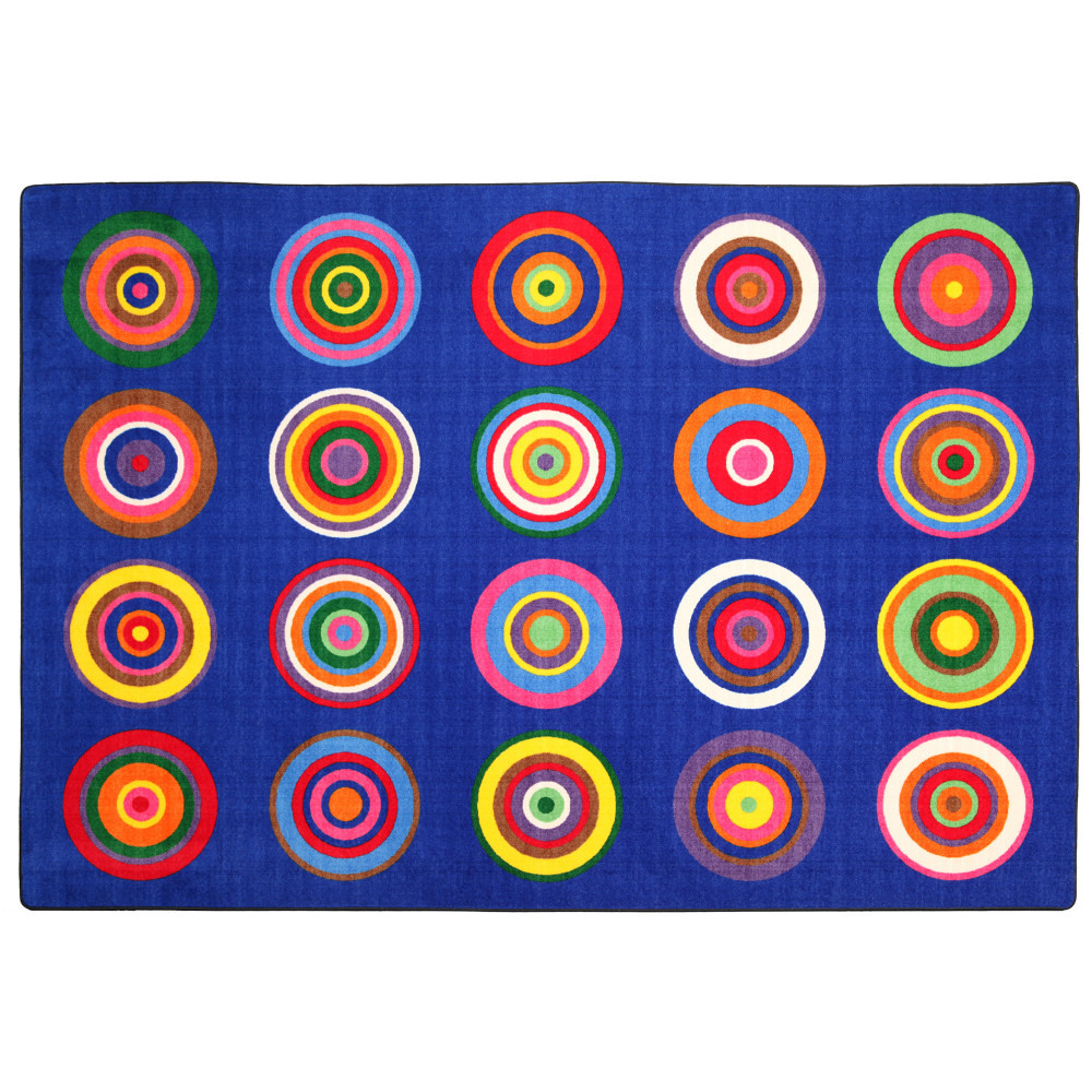 Whether you are teaching an interactive lesson or having a show-and-tell day, a rug can help you in the classroom. This colorful rug features plenty of rings, so each child can find their seating spot for the days activity.  Nylon construction creates a soft spot for students to sit.  Colorful rings allow you to make a fun seating chart.  Dry clean or vacuum for simple maintenance.  This product is heavy and/or oversized and may need more than one person to handle.