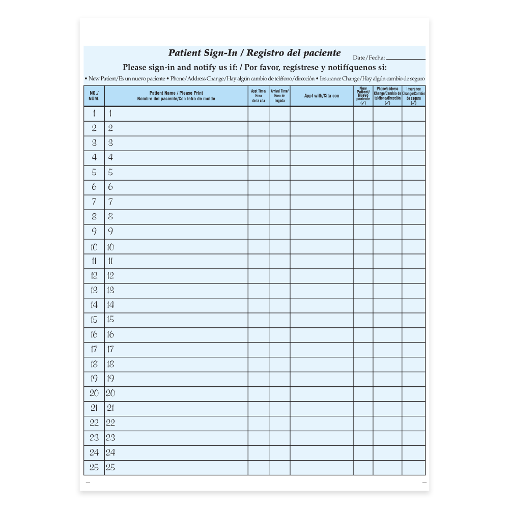 TAYLOR CORP Taylor Corporation W-PSGN-BIL1000 HIPAA-Compliant Bilingual Patient/Visitor Privacy Sign-In Sheets, 2-Part, 8-1/2in x 11in, Blue, Pack Of 1,000 Sheets