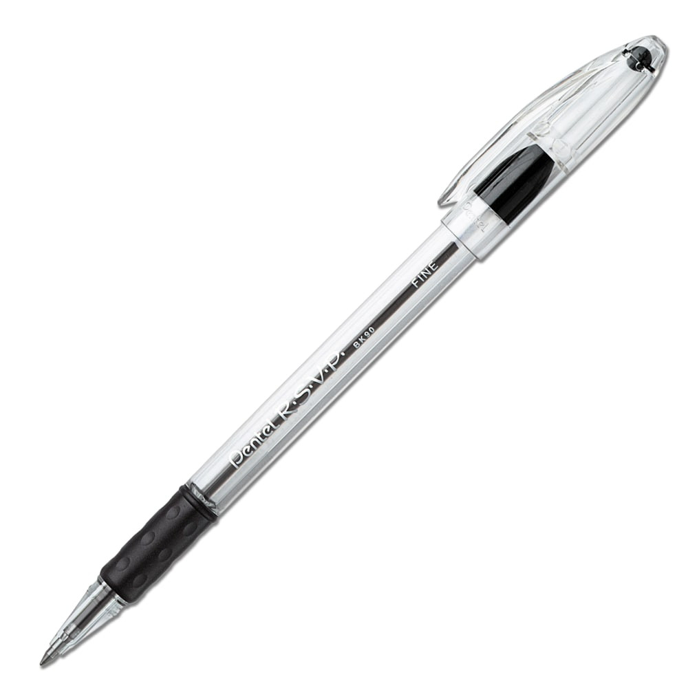 R.S.V.P. pens feature maximum ergonomic comfort thanks to latex-free rubber grips that offer writing control. The permanent ink included in these cozy pens provides a smooth, reliably clean mark that is easily legible.  Rubber Comfort Zone grip offers precise control. Grab hold of this cozy, wide-barreled grip for the ultimate in writing control - easily move the pen as you wish, with no slippage! Latex-free rubber grip provides extra comfort.  Pentel pens deliver permanent ink for extremely reliable, high-quality results.  Handy, built-in pocket clip - never lose your pen again. Designed for safe use with clothing, purses and pockets.  The fine-point pens feature black ink.  Refillable - designed to be used repeatedly, helping you avoid single-use disposables and potentially save money.