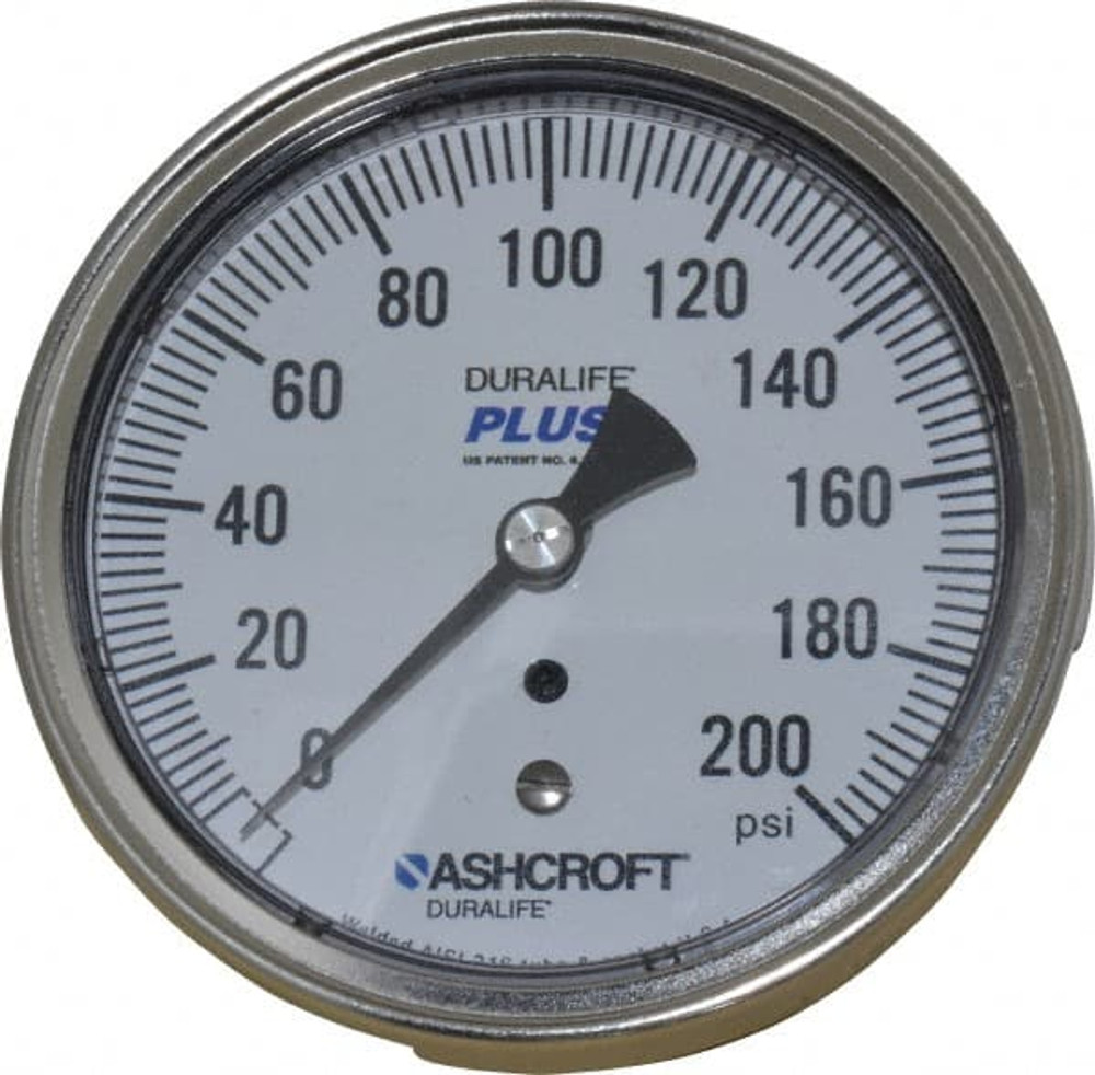 Ashcroft 83190XLL Pressure Gauge: 3-1/2" Dial, 0 to 200 psi, 1/4" Thread, MNPT, Center Back Mount