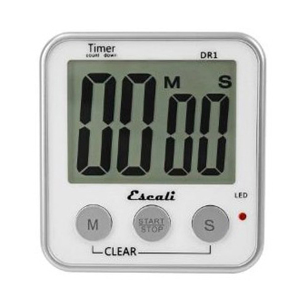 Ensure your food comes out of the oven on time with the Escali 12/24-Hour Digital Timer. This digital kitchen timer can magnetically secure to your refrigerator to help conserve valuable counter space.  Digital display with 12/24 clock modes is easy to read.  Maximum time set is 99 minutes and 59 seconds.  Flashing LED and loud alarm let you know when times up.  Magnetic back with stand allows versatile placement.  Battery included.