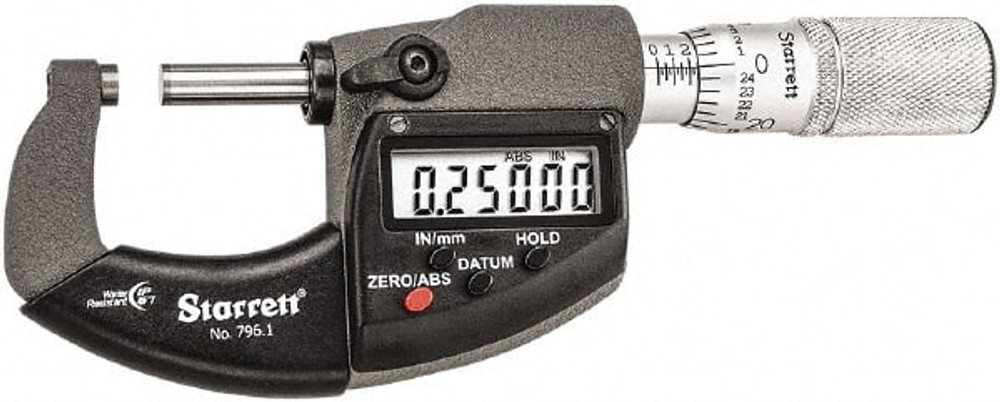 Starrett 01104 Electronic Outside Micrometer: 1", Solid Carbide Measuring Face, IP67