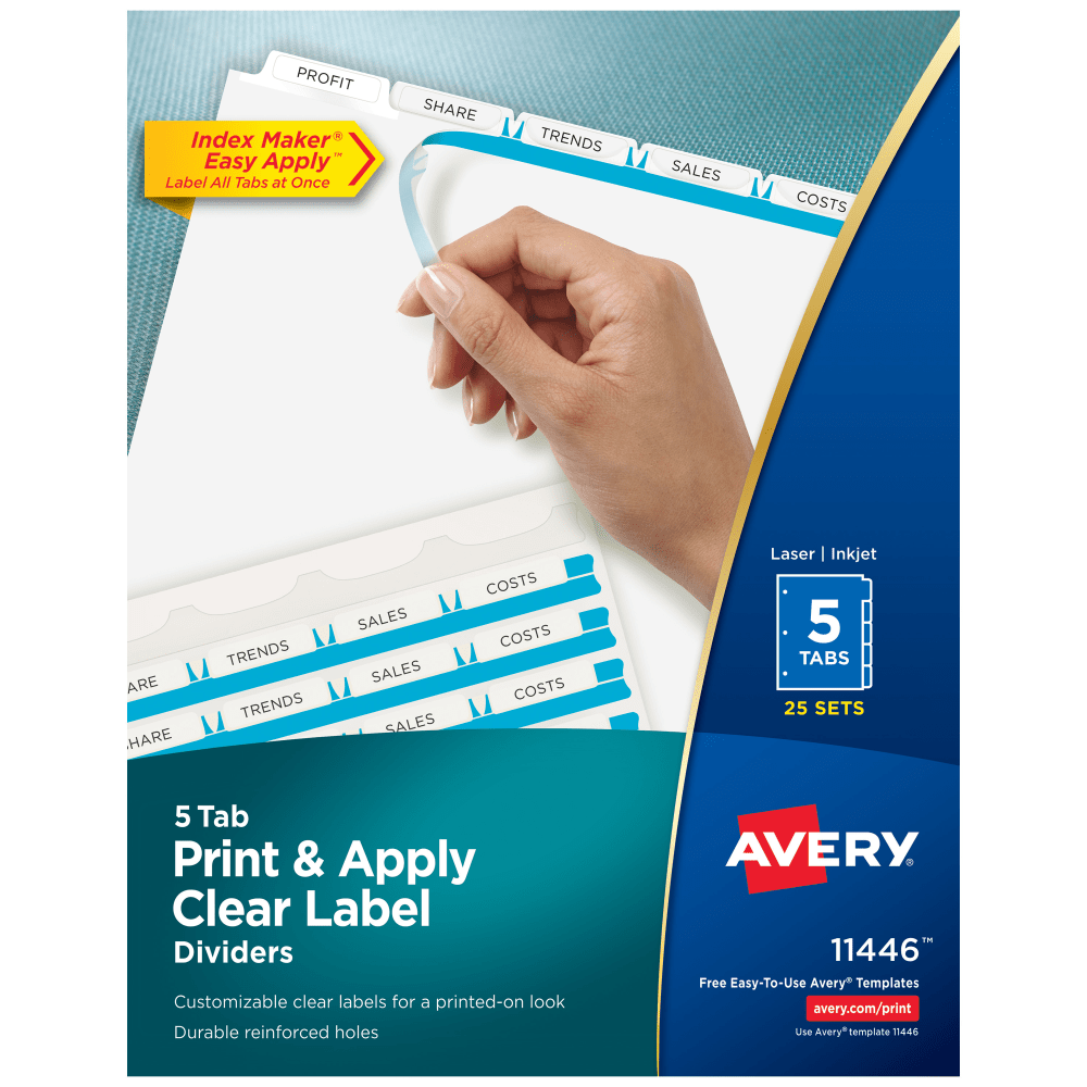 Easily create print shop quality personalized binder dividers with tabs using Avery Index Maker Clear Label Dividers. Customize the title tabs for your dividers quickly and easily using the free templates on the Avery website and print with your inkjet or laser printer for clean, professional looking results in minutes. The Easy Apply clear label strips make it simple to apply all labels of each set at once. Just print, align labels against tabs, smooth down labels and peel up strip. Each 3-hole punched durable divider also features doubled-sided, reinforced tabs and edges to help resist tearing for long-lasting, everyday use. These 3 ring binder dividers with tabs are a great addition to your medical office supplies, school binders, personal organizers, tax office supplies, presentation reports and more. Print, peel, and press your way to a perfect, precise project.  Save time and money by creating your own high-quality custom tab dividers using free templates from the Avery website and printing on your laser or inkjet printer.  Label all divider tabs at once with the Index Maker Easy Apply Label strip that results in perfectly aligned sets of tabs.  Get a professional, printed-on look with clear labels that virtually disappear on the white divider tabs.  Great for organizing your medical document binder, meeting materials, proposals, tax organizer binder, financial planner and more.  Long-lasting, tear-resistant tabbed dividers feature doubled-sided reinforced tabs and edges.  Box contains 25 sets of 5-tab dividers.