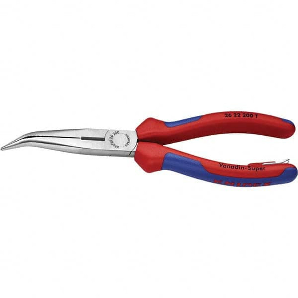 Knipex 26 22 200 T BKA Bent Nose Pliers; Type: Bent Nose; Jaw Width: 9.5 mm; Jaw Bend: 40 0; Tip Thickness: 2.5 mm; Maximum Jaw Opening: 3.2 mm; Cutting Capacity: 2.2 mm; 3.2 mm; Body Material: Steel; Tether Style: Tether Capable; Standards: DIN ISO 