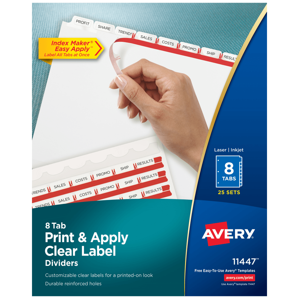 Easily create print shop quality personalized binder dividers with tabs using Avery Index Maker Clear Label Dividers. Customize the title tabs for your dividers quickly and easily using the free templates on the Avery website and print with your inkjet or laser printer for clean, professional looking results in minutes. The Easy Apply clear label strips make it simple to apply all labels of each set at once. Just print, align labels against tabs, smooth down labels and peel up strip. Each 3-hole punched durable divider also features doubled-sided, reinforced tabs and edges to help resist tearing for long-lasting, everyday use. These 3 ring binder dividers with tabs are a great addition to your medical office supplies, school binders, personal organizers, tax office supplies, presentation reports and more. Print, peel, and press your way to a perfect, precise project.  Save time and money by creating your own high-quality custom tab dividers using free templates from the Avery website and printing on your laser or inkjet printer.  Label all divider tabs at once with the Index Maker Easy Apply Label strip that results in perfectly aligned sets of tabs.  Get a professional, printed-on look with clear labels that virtually disappear on the white divider tabs.  Great for organizing your medical document binder, meeting materials, proposals, tax organizer binder, financial planner and more.  Long-lasting, tear-resistant tabbed dividers feature doubled-sided reinforced tabs and edges.  Contains Recycled Content - See Specs for Details.