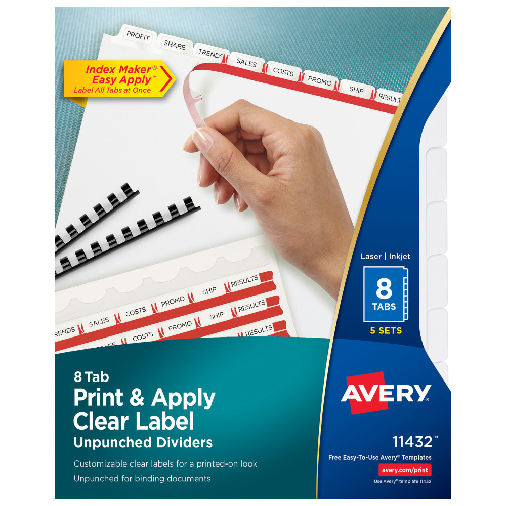 AVERY PRODUCTS CORPORATION 11432 Avery Print & Apply Clear Label Dividers With Index Maker Easy Apply Printable Label Strip And White Tabs, 8-Tab, Box Of 5 Sets