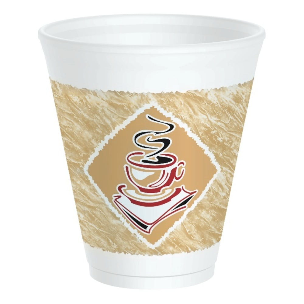 Dart cups are comfortable to the touch - no matter the temperature. Use these 12-oz Cafe G design foam cups in your food establishment or office breakroom to enjoy hot or cold drinks.  Thermo-Glaze insulation keeps hot beverages hot and cold beverages cold.  Coffee-themed design features subtle color coding to identify cup size.  No need for double-cupping.  Dixie cups come in a box of 1,000 and feature brown, red and white colors.