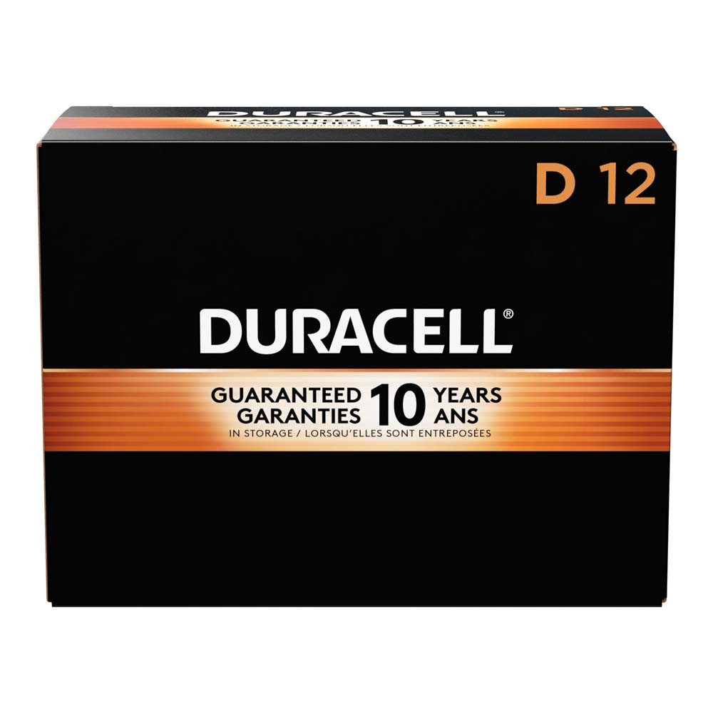Duracell Coppertop D all-purpose alkaline batteries are not only dependable, they're long-lasting. With a guarantee of 10 years in storage, you can rest assured they will be ready when you need them during storm season or power outages. Duracell Coppertop batteries deliver reliable power to your everyday devices throughout the home, like toys, remote controls, flashlights, calculators, clocks and radios, wireless mice and keyboards, and more. Coppertop batteries are available in AA, AAA, C, D, and 9V sizes. Duracell guarantees these batteries against defects in material and workmanship. Should any device be damaged due to a battery defect, we will repair or replace it at our option. From storm season to medical needs to the holidays, Duracell is the #1 trusted battery brand.  LONG-LASTING BATTERIES DESIGNED FOR DEPENDABILITY: Duracell Coppertop alkaline batteries deliver the lasting power and performance you can count on for electronic devices throughout the home or on-the-go.  RELIABLE POWER: As a general-purpose battery, the Duracell Coppertop D alkaline battery is made to power everyday devices throughout the home, like toys, remote controls, flashlights, clocks and radios, portable electronics, and more.  GUARANTEED FOR 10 YEARS IN STORAGE: Duracell guarantees each Coppertop D alkaline battery to last 10 years in storage, so you can be confident these batteries will be ready when you need them.  QUALITY ASSURANCE: With Duracell batteries, quality is assured as every Duracell product is guaranteed against defects in material and workmanship.  #1 TRUSTED BATTERY BRAND: From storm season to medical needs to the holidays, Duracell is the #1 trusted battery brand  Coppertop is available in Double A (AA), Triple A (AAA), C, D, and 9V sizes.  Box of 12 Batteries