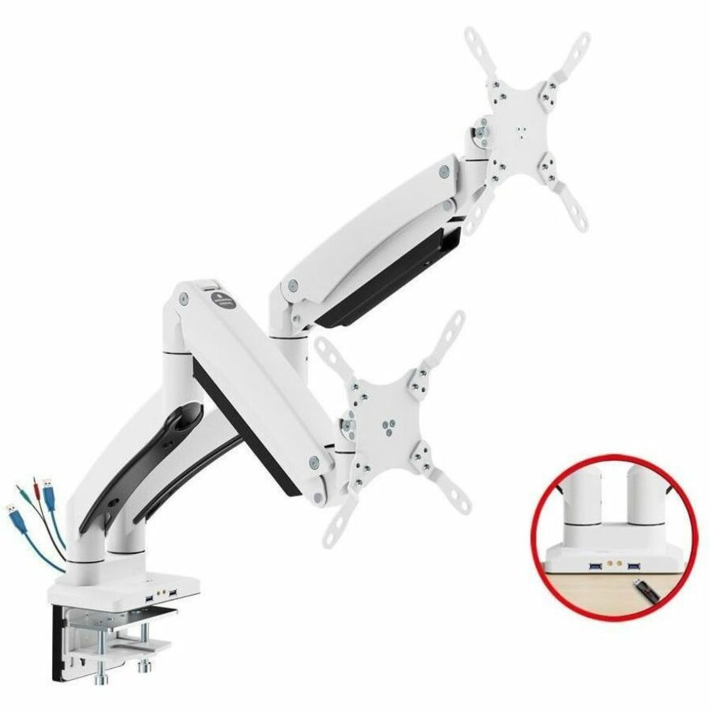Integrated Cable Management System - Keeps cables neat, organized, and out of the way for a clean uncluttered desktop environment  Detachable and Rotatable VESA Plate - Supports easy monitor installation and portrait and landscape orientation  Universal Fit - Compatible with most 17in to 35in flat and curved monitors with VESA 75x75 or 100x100mm standard mounting hole patterns  Full-Motion Articulating Monitor Arm - Fully articulating 2-piece arm, supports monitor height adjustment up to 23in, tilt, swivel, pan and rotation  Two Mounting Options - C-clamp and grommet mount bases are included for easy and quick installation  Premium Quality Durable Gas Spring - Provides smooth, precise and effortless height adjustment for the perfect viewing angle