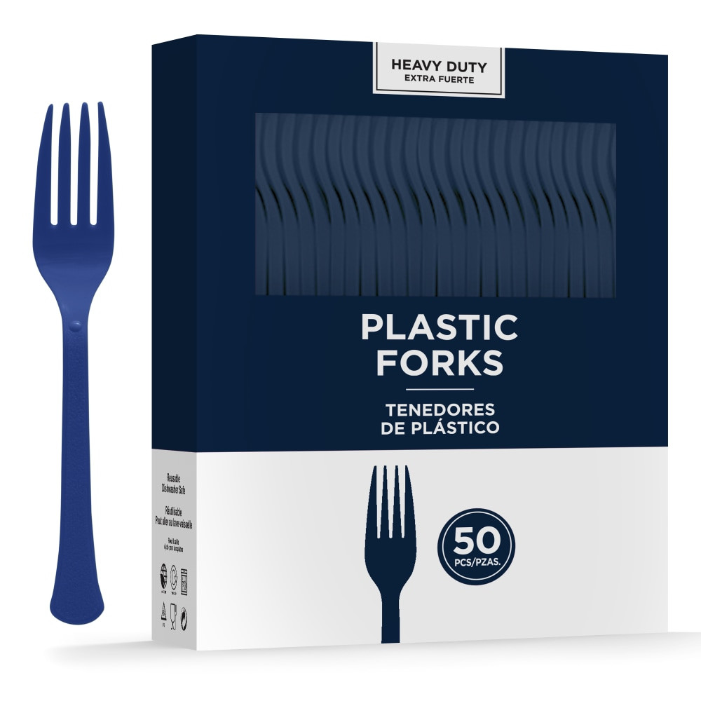 AMSCAN 8017.343  8017 Solid Heavyweight Plastic Forks, Navy, 50 Forks Per Pack, Case Of 3 Packs