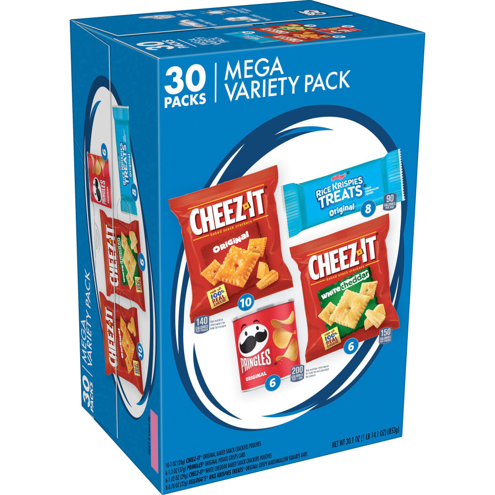 Grab a quick bite to eat with the Keebler Mega Variety Pack. Choose from a variety of salty and sweet snacks, each individually packaged for effortless on the go snacking.  Includes 4 salty and sweet snacks: Cheez-It Original Crackers, Cheez-It White Cheddar Crackers, Pringles Original Potato Crisps and Rice Krispies Treats Original Squares.  On the go packaging allows for easy carrying.  Single-serve design is ideal for quick snacking.