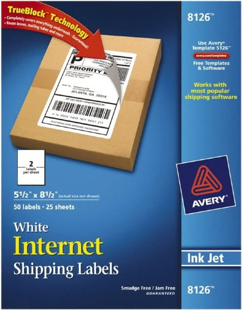 AVERY 08126 Label Maker Label: White, Paper, 8-1/2" OAL, 8-1/2" OAW, 50 per Roll