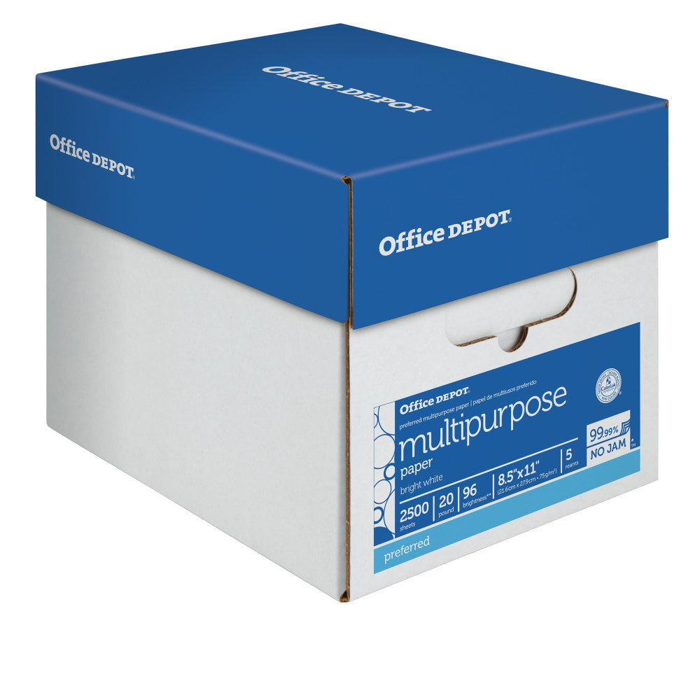 OFFICE DEPOT 58288  Multi-Use Printer & Copy Paper, White, Letter (8.5in x 11in), 2500 Sheets Per Case, 20 Lb, 96 Brightness, 58288, Case Of 5 Reams