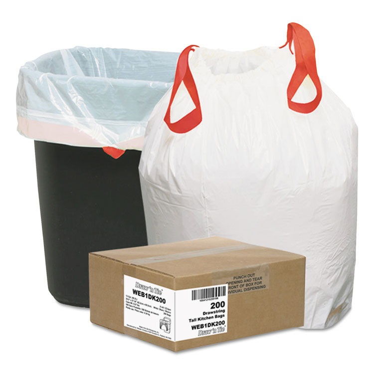 WEBSTER INDUSTRIES Draw 'n Tie® 1DK200 Heavy-Duty Trash Bags, Drawstring, 13 gal, 24.5" x 27.38", White, 50 Bags/Roll, 4 Rolls/Box