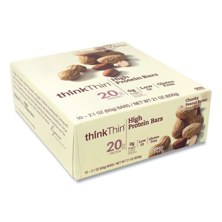 THINK! thinkThin® 20902477 High Protein Bars, Chunky Peanut Butter, 2.1 oz Bar, 10 Bars/Carton
