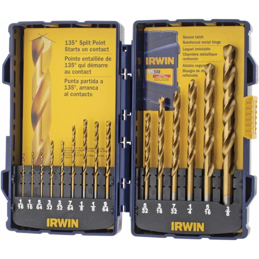 Irwin 4935607 Drill Bit Set: Jobber Length Drill Bits, 15 Pc, 0.0625" to 0.375" Drill Bit Size, 135 °, High Speed Steel