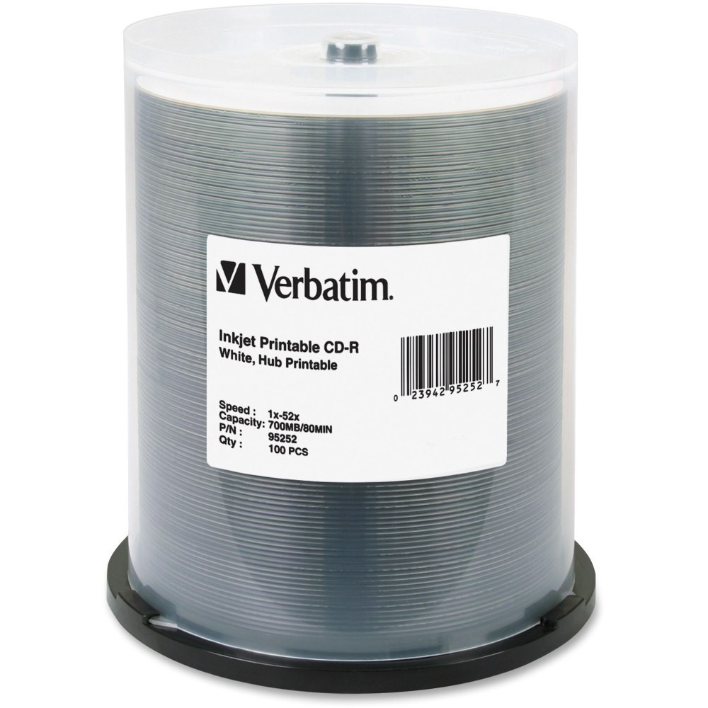 VERBATIM AMERICAS LLC 95252 Verbatim CD-R Printable Disc Spindle, White, Pack Of 100