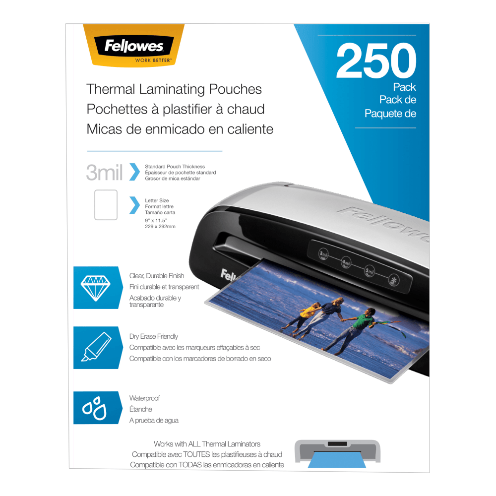 FELLOWES INC. 5406501 Fellowes Thermal Laminating Pouches, Letter Size, 3 Mil, 9in x 11-1/2in, Ultra-Clear, Pack of 250 Pouches