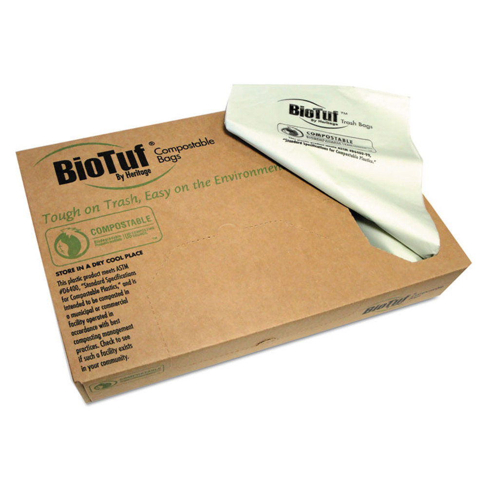 HERITAGE Y4832EER01 Biotuf Compostable Can Liners, 13 gal, 0.88 mil, 24" x 32", Green, 25 Bags/Roll, 8 Rolls/Carton