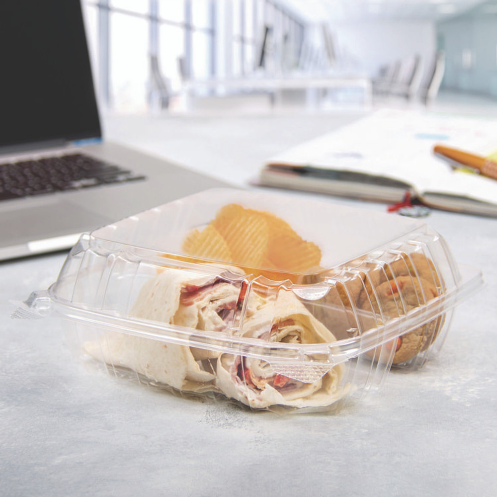 DART C90PST3 ClearSeal Hinged-Lid Plastic Containers, 8.25 x 8.25 x 3, Clear, Plastic, 125/Pack, 2 Packs/Carton