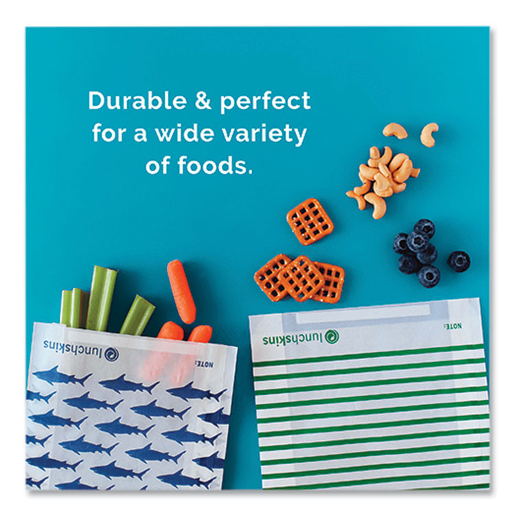 3GREENMOMS, LLC lunchskins 854735005904 Peel and Seal Sandwich Bag with Closure Strip, 6.3" x 2" x 7.9", Blue Sharks/White, 50/Box