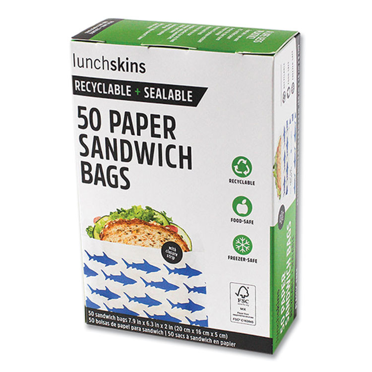 3GREENMOMS, LLC lunchskins 854735005904 Peel and Seal Sandwich Bag with Closure Strip, 6.3" x 2" x 7.9", Blue Sharks/White, 50/Box