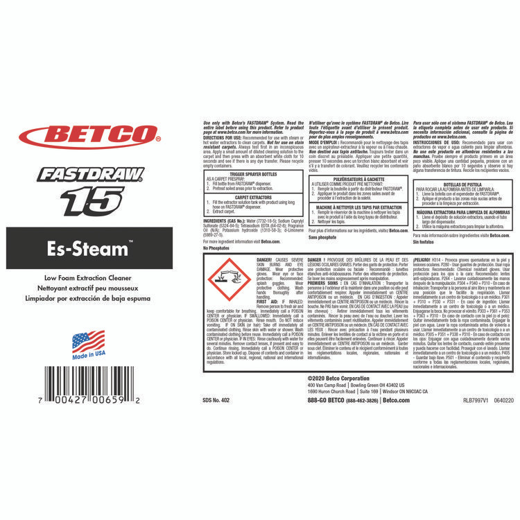 BETCO CORPORATION 4024700 FiberPRO Es-Steam FastDraw Carpet Cleaner, Country Fresh, 2 L Bottle, 4/Carton