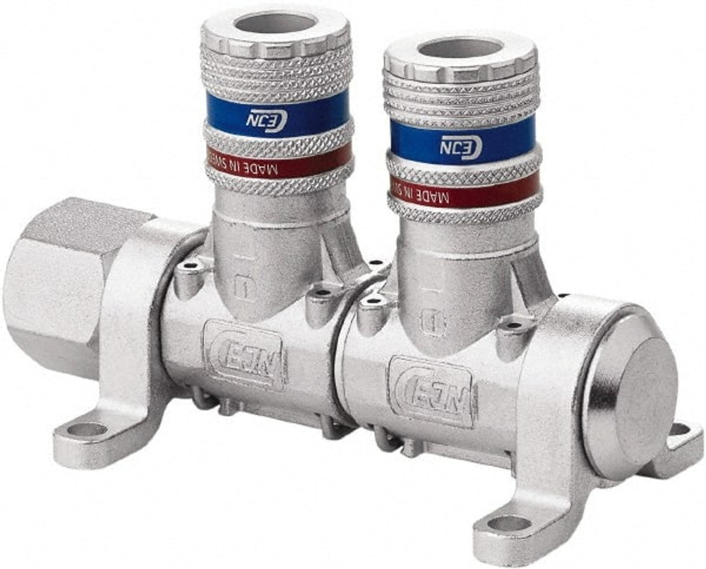 CEJN 19-902-9002-NPT Manifold: 1/2" Inlet, 1/4" Outlet, 1 Inlet Port, 2 Outlet Ports, 4.4" OAL, 2.28" OAW, 2.7" OAH