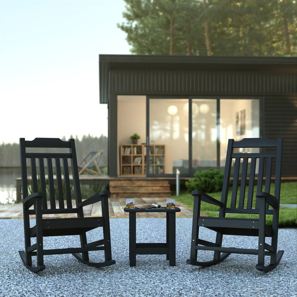 FLASH FURNITURE JJC147032T141BK  Winston All-Weather Poly Resin Rocking Chairs With Accent Side Table, Black