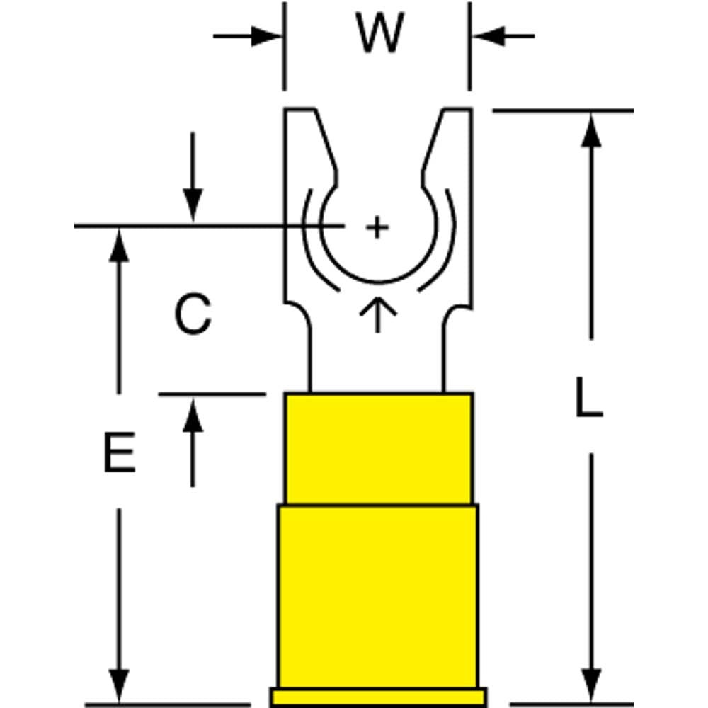 3M 7010349251 Standard Fork Terminal: Yellow, Nylon, Partially Insulated, #10 Stud, Crimp