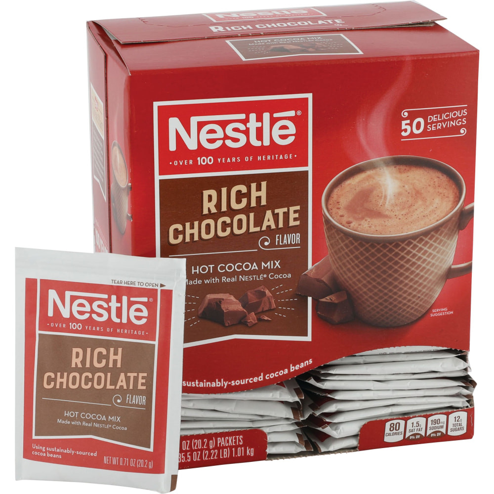 For an instantly warming cup of goodness, stock your office breakroom with Nestle hot cocoa. With its Nestle rich chocolate taste, you will be ready to go in no time.  Mix Nestle rich hot chocolate with water, or mix with milk for an extra-rich treat.  Nestle hot chocolate contains natural antioxidants.  Stock your breakroom with these rich chocolate hot cocoa 0.71-oz packets. Rich chocolate 0.71-oz packets come in a box of 50.