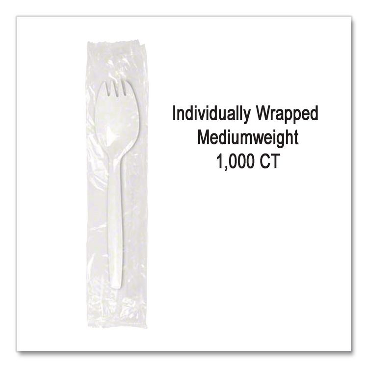 BERK ENTERPRISES INC Berkley Square 1105000 Individually Wrapped Mediumweight Cutlery, Spork, Plastic, White, 1,000/Carton